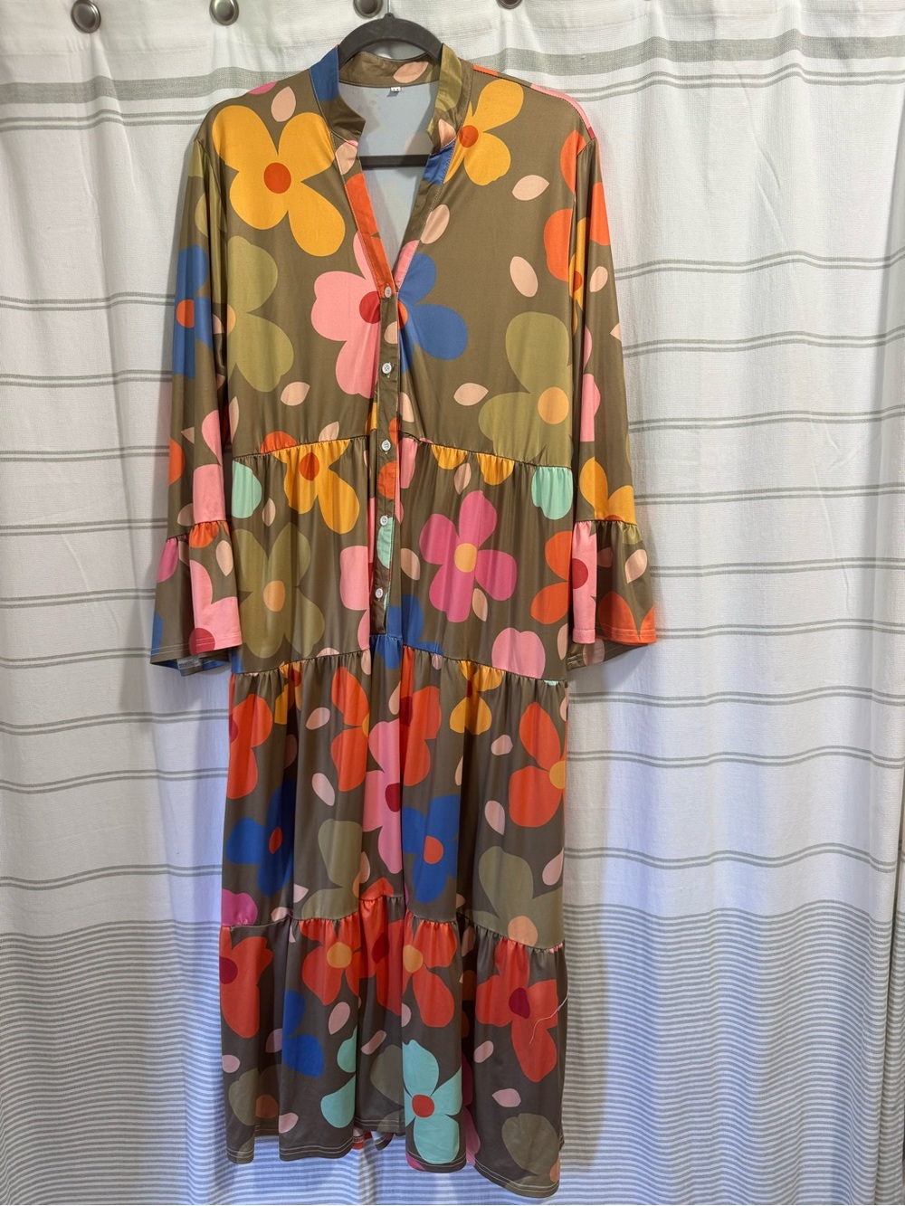 Brown Floral Tiered Maxi Dress with Button Front